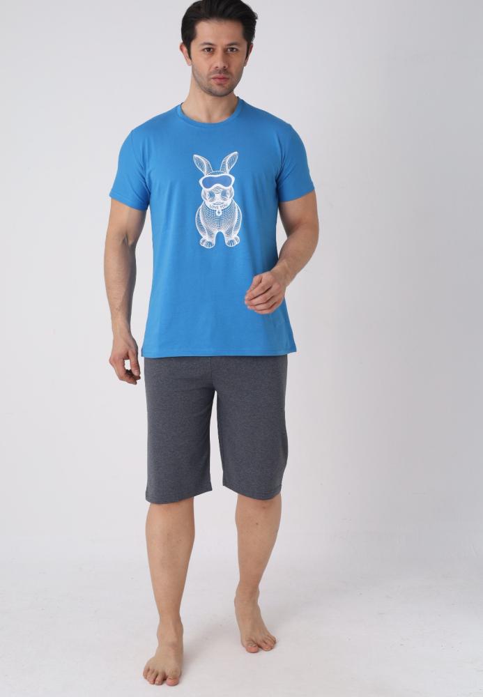 Pijama barbat cu maneca scurta si pantaloni 3/4, culoare albastru, Engros